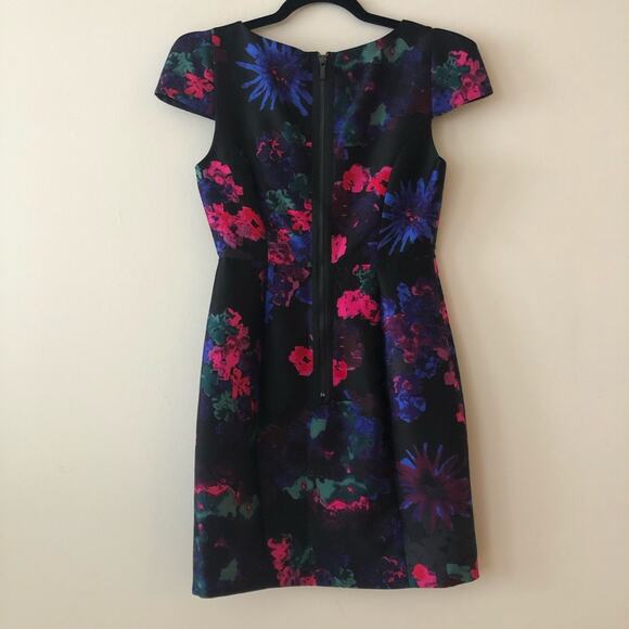 Tibi Dark Floral Print Silk Cap Sleeve Dress - Picture 8 of 10